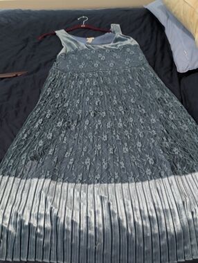Sundance Steel Blue Velvet & Lace Pleated Midi Dress